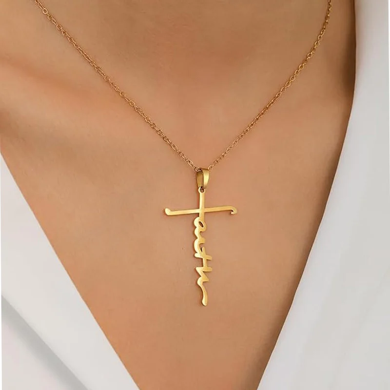 4PCS Faith Necklace For Women Christian Cross Faith Word Church Prayer Religious Pendant Necklace Christian Religious Jewelry Gift,2 Gold 2 Silver - Image 4
