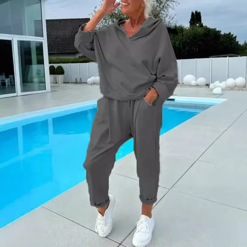 Women's Solid Color Hooded Sweatshirt Two-piece Set - Image 7