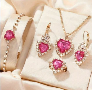 Heart Shape Rhinestone Necklace Earring Ring Bracelet 4 PCs Set - Image 2