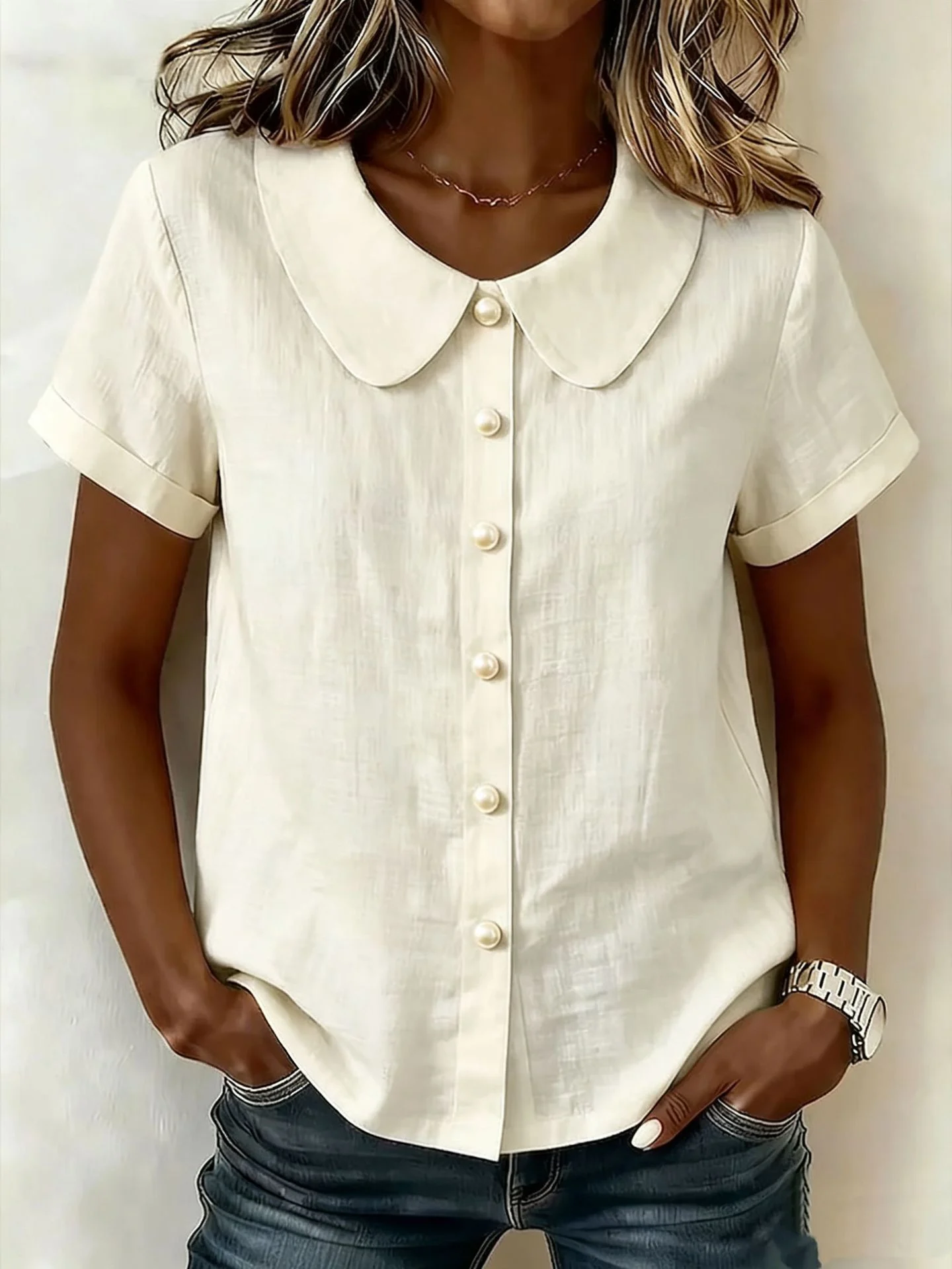 Womens Solid-Colored Short-Sleeve Casual Loose Shirt - Image 2