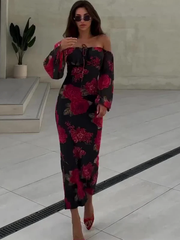 Boat Neck Floral Long-sleeved Dress - Image 5