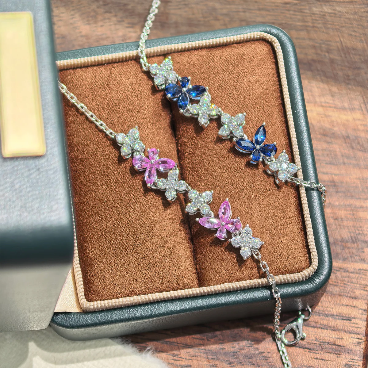 S925 Sterling Silver Lab-Grown Gemstone Butterfly Bracelet 16cm Blue P Ink Moissanite Platinum Plated Fashion Gift Box - Image 8