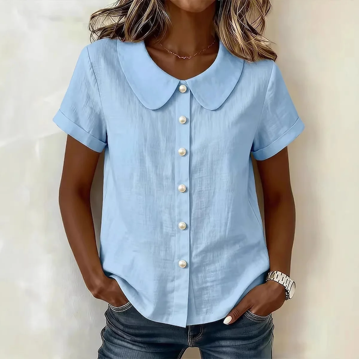 Womens Solid-Colored Short-Sleeve Casual Loose Shirt - Image 3