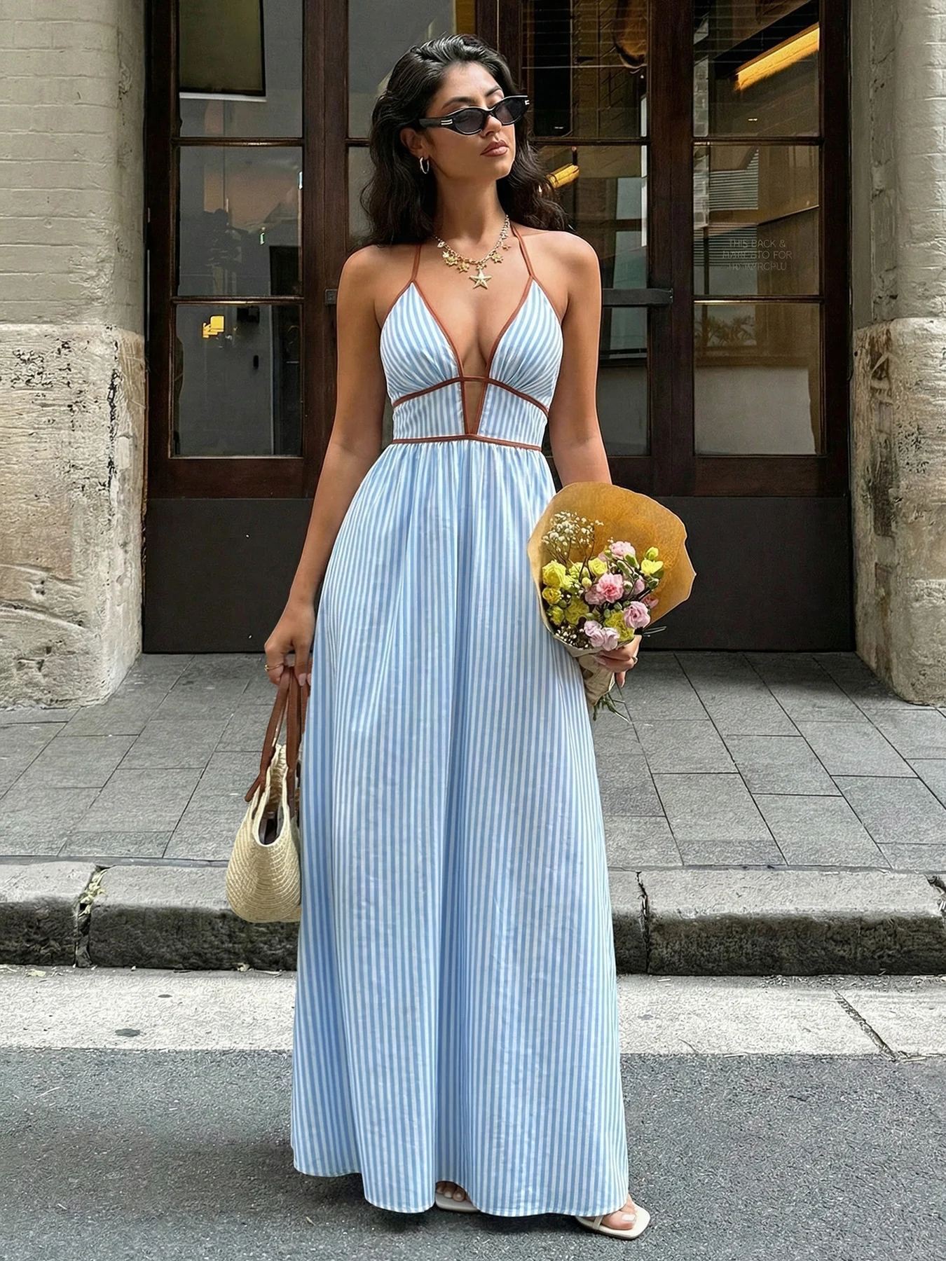 Deep V-neck Striped Resort Dress - Image 2