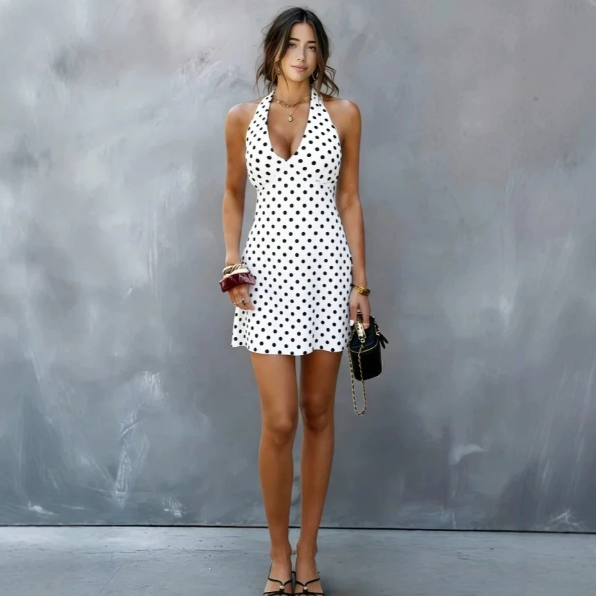 European And American-style Sexy Halter-neck Tube Top Deep-V-neck Polka-dot Dress - Image 4