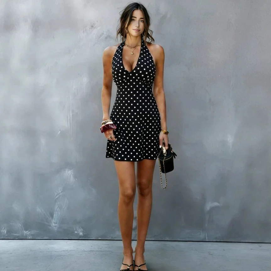 European And American-style Sexy Halter-neck Tube Top Deep-V-neck Polka-dot Dress