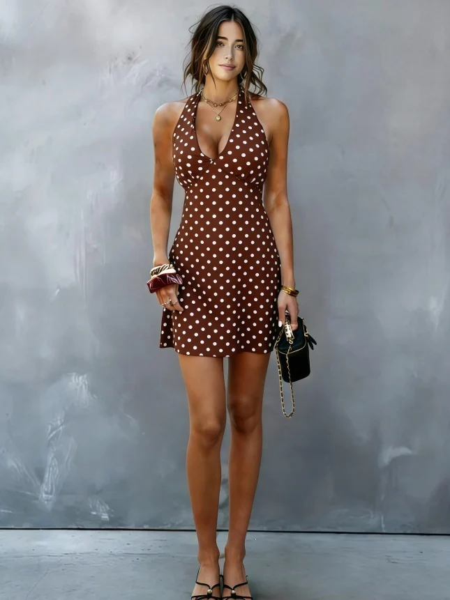 European And American-style Sexy Halter-neck Tube Top Deep-V-neck Polka-dot Dress - Image 7