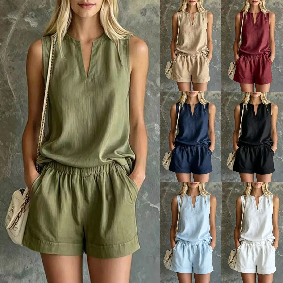 Casual Commuter Cotton-Linen V-Neck Sleeveless Top And Shorts Two-Piece Set