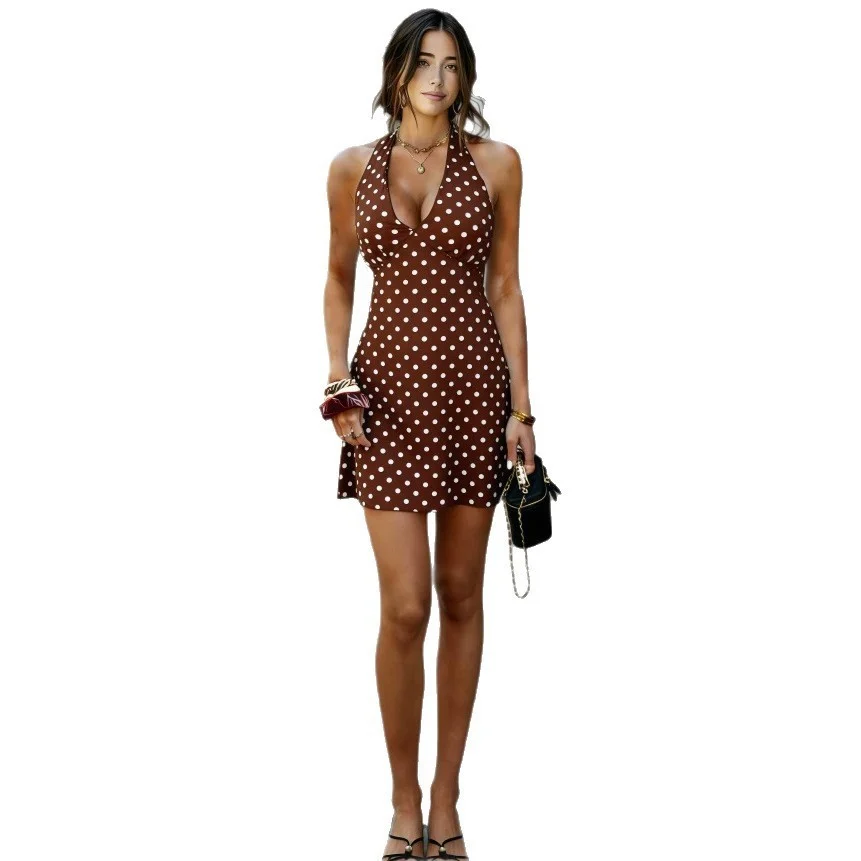 European And American-style Sexy Halter-neck Tube Top Deep-V-neck Polka-dot Dress - Image 2