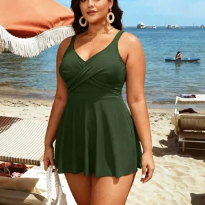 2026 Chic Olive Green Plus Size Swim Dress - Cross V-Neck, Flared Silhouette, Effortless Resort-Level Beach Style