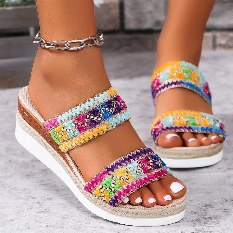 Canvas And Jute-woven Wedge Sandals With Wide Straps