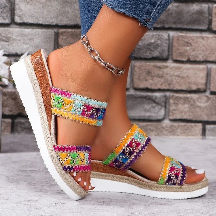Canvas And Jute-woven Wedge Sandals With Wide Straps - Image 7